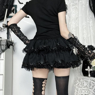 Ruched lace hem A line black mini skirt