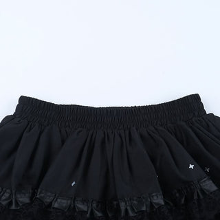 Ruched lace hem A line black mini skirt