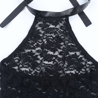 Halter self tie slit see through lace maxi dress