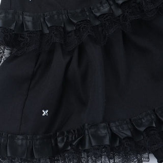 Ruched lace hem A line black mini skirt
