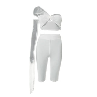 One shoulder irregular mesh knotted pant set