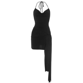 Cowl neck halter self tie irregular mini dress