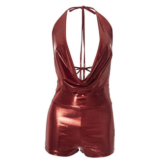 Halter self tie cowl neck metallic romper