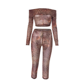 Long sleeve off shoulder mesh leopard print pant set