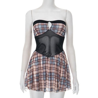 Hollow out plaid mesh tube cut out mini dress