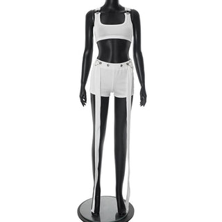 Square neck button striped medium rise tank pant set