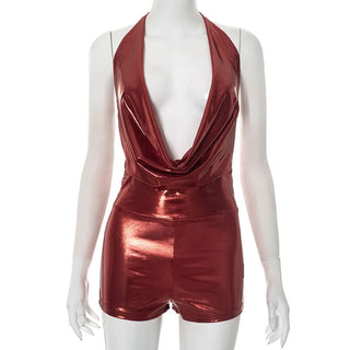 Halter self tie cowl neck metallic romper