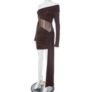 Irregular ruched off shoulder long sleeve mini dress