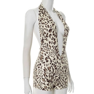 Leopard print deep V neck halter romper