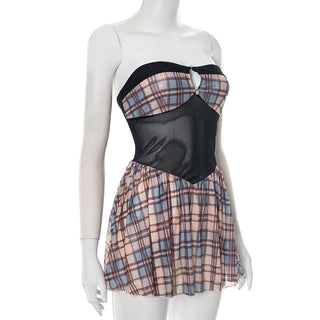 Hollow out plaid mesh tube cut out mini dress