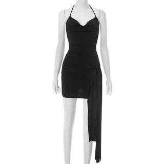Cowl neck halter self tie irregular mini dress