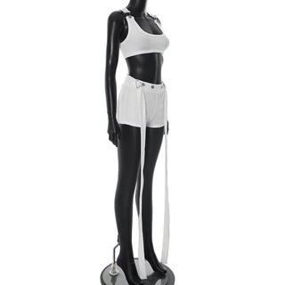 Square neck button striped medium rise tank pant set