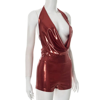 Halter self tie cowl neck metallic romper