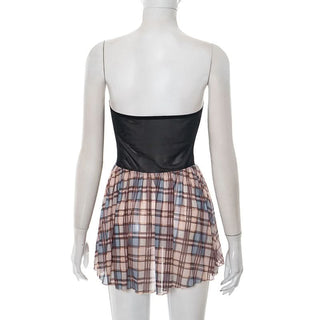 Hollow out plaid mesh tube cut out mini dress