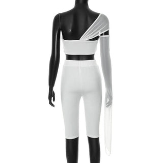 One shoulder irregular mesh knotted pant set