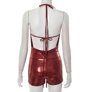 Halter self tie cowl neck metallic romper