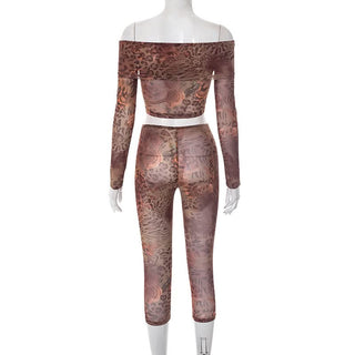 Long sleeve off shoulder mesh leopard print pant set