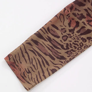 Long sleeve off shoulder mesh leopard print pant set