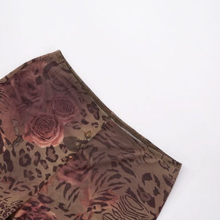 Long sleeve off shoulder mesh leopard print pant set