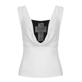 Beaded cowl neck o ring white tank top