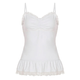 Ruched lace hem v neck white cami top