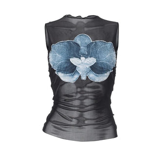 Mesh ruffle flower pattern crewneck top