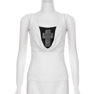 Beaded cowl neck o ring white tank top