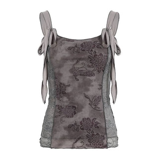 Lace flower print u neck self tie cami top