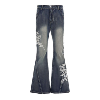 Embroidery button zip-up pocket low rise jeans