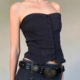 Striped button backless tube top