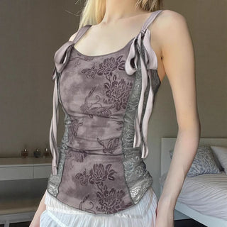 Lace flower print u neck self tie cami top