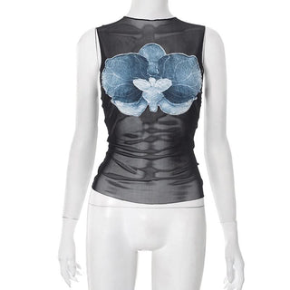 Mesh ruffle flower pattern crewneck top