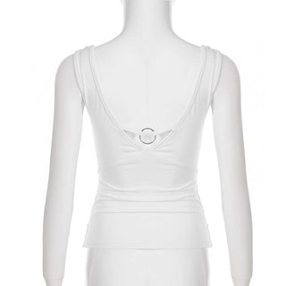Beaded cowl neck o ring white tank top