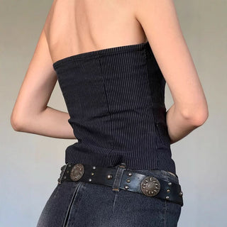 Striped button backless tube top