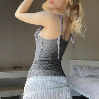 Lace flower print u neck self tie cami top