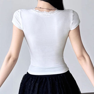 Lace hem v neck self tie cap sleeve top