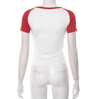 Crewneck short sleeve letter pattern contrast top