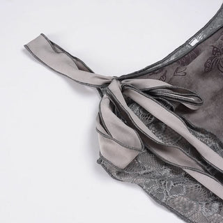 Lace flower print u neck self tie cami top