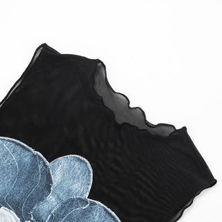 Mesh ruffle flower pattern crewneck top