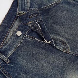 Embroidery button zip-up pocket low rise jeans