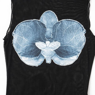 Mesh ruffle flower pattern crewneck top