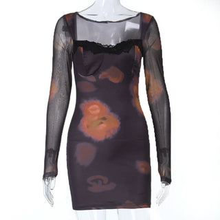 Long sleeve lace hem print v neck mini dress