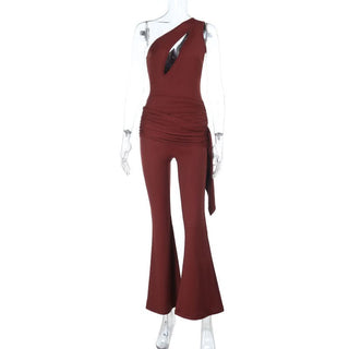 Hollow out ruched one shoulder irregular jumpsuit