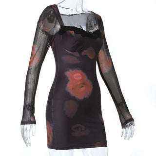 Long sleeve lace hem print v neck mini dress