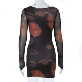 Long sleeve lace hem print v neck mini dress