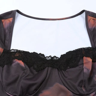 Long sleeve lace hem print v neck mini dress