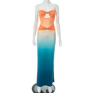 Gradient hollow out ruched tube cut out maxi dress