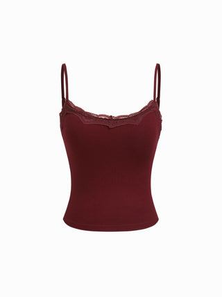 Built-in Bra Square Neck Lace Trim Cami Top & Mid Rise Straight Leg Trousers Loungewear Set