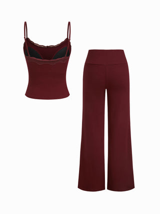 Built-in Bra Square Neck Lace Trim Cami Top & Mid Rise Straight Leg Trousers Loungewear Set