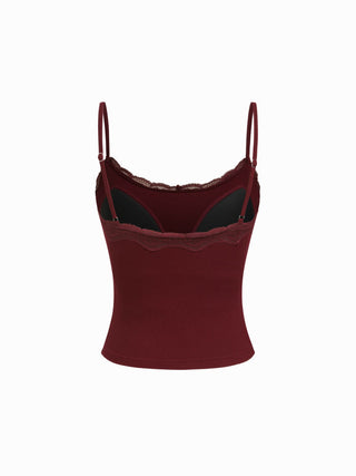Built-in Bra Square Neck Lace Trim Cami Top & Mid Rise Straight Leg Trousers Loungewear Set